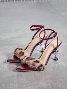 Women Sexy Ankle Strap Mirror Stilettos, Leopard Fur Decorated, Suitable For Nightclub, Party, Outdoor, Special Occasions, Halloween, Mardi Gras. Elegant Wine Red High Heels Sandals For Spring And Summer
