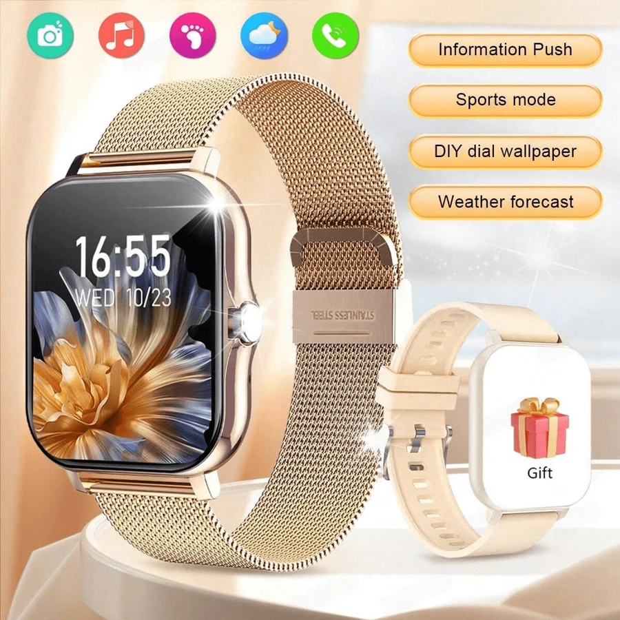 MixtataDi Smart Watch,Multifunctional Sports Smartwatch, Wireless Calls/Wireless Music, Message Notification,Customizable Watch Faces, Multiple Sports Modes, Compatible With Android,Unisexo - Golden-two Straps - View 1