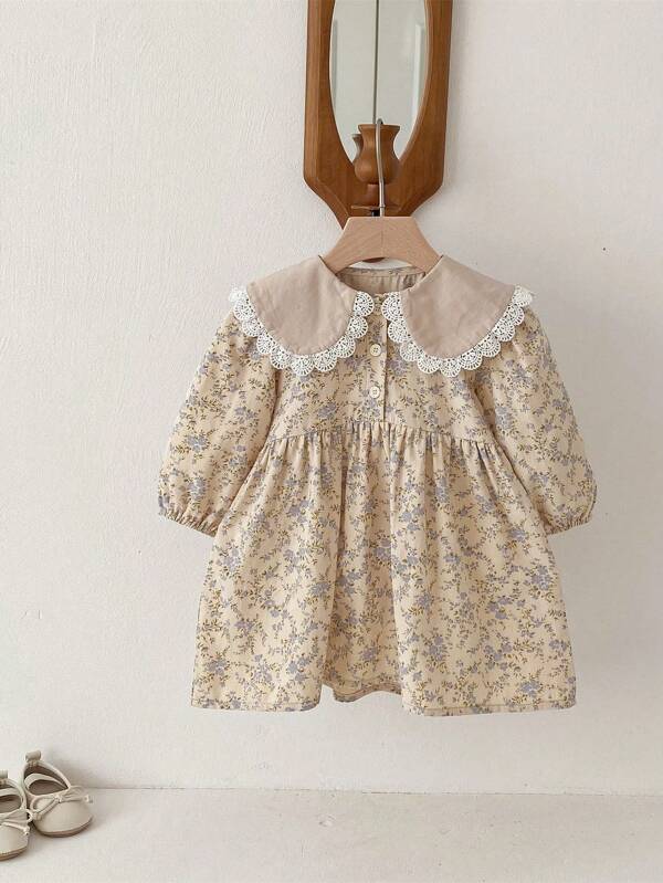 Baby Girl Ditsy Floral Ruffle Collar Princess Dress, Multi-Wear Spring Spring Casual Childrenswear Dresses
