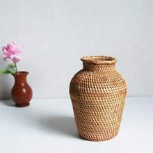 Flower Vase Basket Rattan Woven Wicker Pot Seagrass Vases Farmhouse Planter Tall Container Holder Decor Rustic Storage Floral - Wood color - View 4