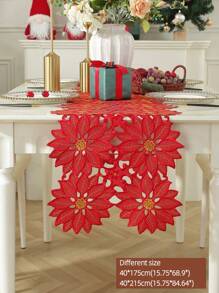 ABEST6522 Home&Living store 100% Polyester Christmas Red Poinsettia Hollow Table Runner, Hollow Floral Embroidered Tablecloth, Christmas Winter Holiday Decoration, Suitable For Dining Table, Kitchen, Christmas Party, Farmhouse Home Decor - Red - View 7