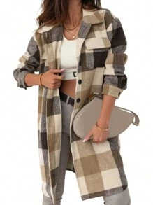 Khaki Plaid Button Down Flap Pocket Long Coat