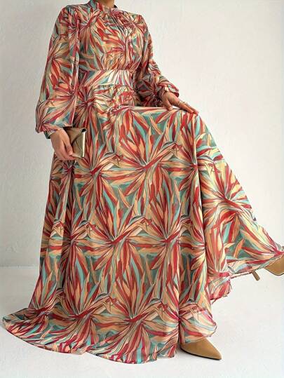 Allover Print Crew Neck Kaftan Dress, Elegant Long Sleeve A-Line Flowy Maxi Dress, Women's Clothing