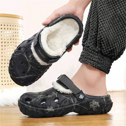 1 Pair Men's Detachable Plush Lined Slip-On Slippers, Warm And Anti-Slip, Suitable For Outdoor, Beach, Casual Wear, Oversized Recommended For Comfortable Fit