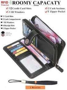 RFID Thời trang nữ cổ điển sức chứa lớn khóa kéo da PU thường ngày đồng xu cho phụ nữ 2 kiểu dáng để lựa chọn cho ví nam ví dài ví đeo tay - màu đen - Xem 2