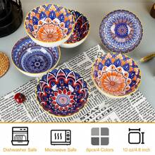 Set Of 6 Ceramic Bowls 10 Oz, Bohemian Ceramic Bowl Set, Bohemian Style Small Vintage Bowl Gift, 4 Color Kitchen Cutlery Serving Bowl, Can Hold Cereal, Soups, Desserts, Snacks, Fruit, Salads; Microwave, Oven, Refrigerator And Dishwasher - Perfect For Dining And Gifts - 彩色 - 查看 4