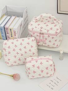 1 Piece Large Capacity Diamond Lattice Cosmetic Bag With Bow Decor Portable Bow Travel Toiletry Bag Cosmetic Brushes Storage Bag Skincare Make Up Organizer Convenient Cosmetic Storage Bag With Handle Bow Pendant Makeup Bag Stylish Make Up Bag Makeup Bag Girls Case Bags Travel Storage Bag Cute Makeup Bag Back To School School Bag Travel Essentials Travel Organizer,Bridesmaid Gift, ,Christmas Day Gift - Pink - View 2