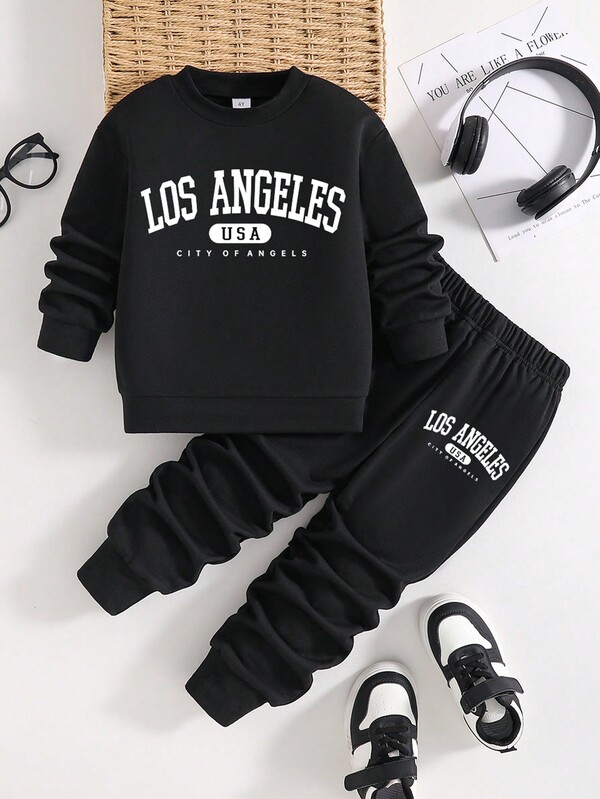 Young Boy Letter Print Round Neck Sweatshirt And Sweatpants Set