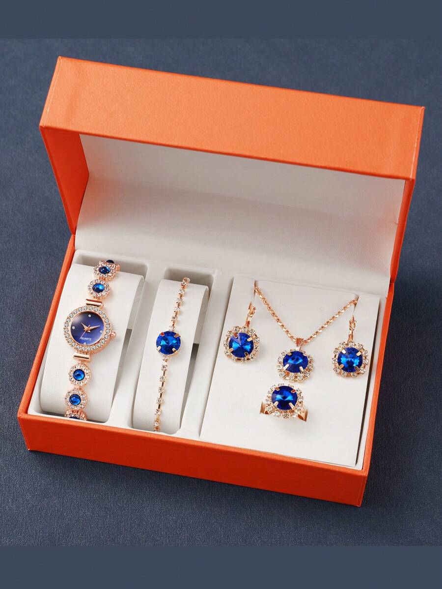 6 bucăți/Set Cadran cu stras de modă de lux, lunetă din safir și ceas cu quartz din oțel inoxidabil + brățară elegantă din safir, potrivită pentru purtarea zilnică, ziua de naștere, aniversarea, cadou de Halloween