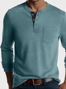 Men's Henley Shirt Lightweight Collarless T-Shirt Quarter Button Pullover Soft Casual Basic T-Shirt With Pockets - 藍色 - 查看 3