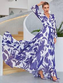 春夏优雅随机印花灯笼袖特长及地长裙 - 藍白色 - 查看 4