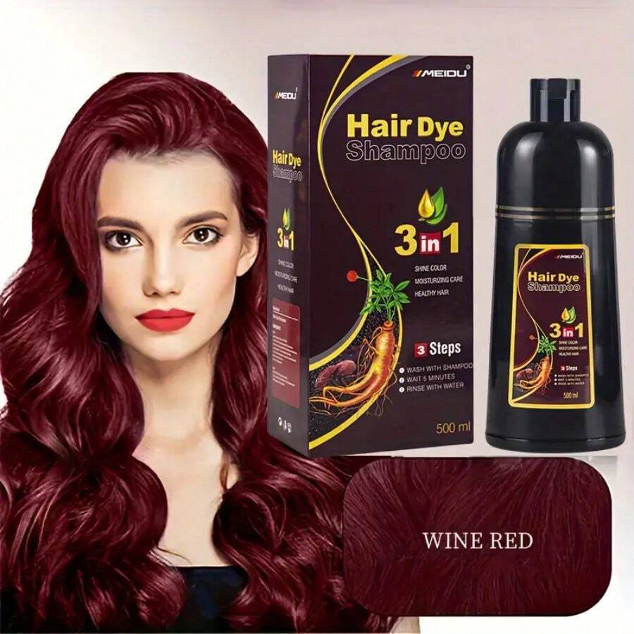 Meidu Champú de tinte de cabello rojo vino de 16.9 oz/500ml unisex, cubre las canas, tinte de cabello instantáneo, tinte de cabello de larga duración 3 en 1, tinte de cabello semi-permanente, champú de cabello rojo vino