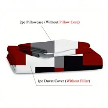 3pcs Red Black And Grey Plaid Pattern Duvet Cover Set (1*Duvet Cover + 2*Pillowcases,Without Core), Fashionable Pattern Bedding Room Decoration, Soft And Comfortable Bedding Set