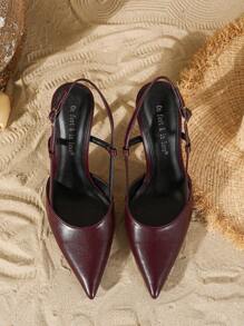 On feet& in love 女士优雅尖头露后跟单带细高跟鞋，适合搭配连衣裙，优雅 - 酒紅色 - 查看 6