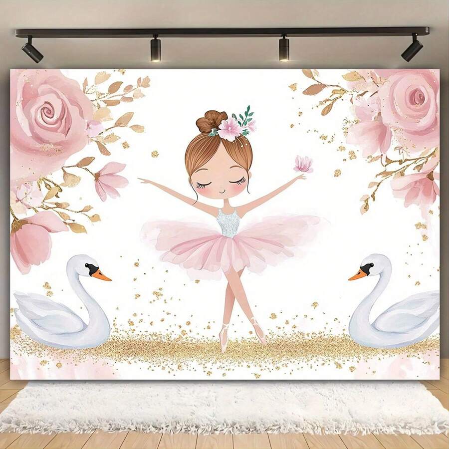 Elegant Polyester Ballet Background - Pink Flower Sparkling Swan Design, Suitable For Outdoor Festivals, Weddings, Bridal Parties, Birthdays, Baptisms, And General Parties