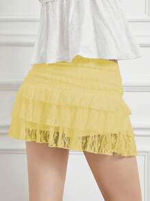 Women's Summer Lace Skirt High Rise Tiered Ruffled Short Mini A Line Skirt Streetwear - Yellow - View 4