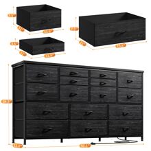 Long Dresser With 16 Fabric Drawers And Wood Top , Sturdy TV Stands With Power Outlet & USB For Bedroom, Living Room, Media TV Console Table With Storage, Black Wood Grain Print - 黑色 - 查看 7