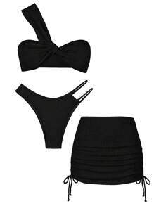 Set de 3 piezas Bikini sexy con un solo hombro, acanalado, con falda, estilo europeo y americano, para vacaciones de verano en la playa - Negro - Ver 2
