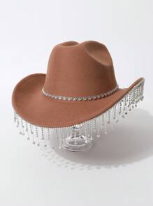 1 peça chapéu de cowboy ocidental com borla de gota d'água e coração de cor sólida, decoração de strass, chapéu de viagem casual, adequado para festa/casamento/performance de palco, presente de dia dos namorados