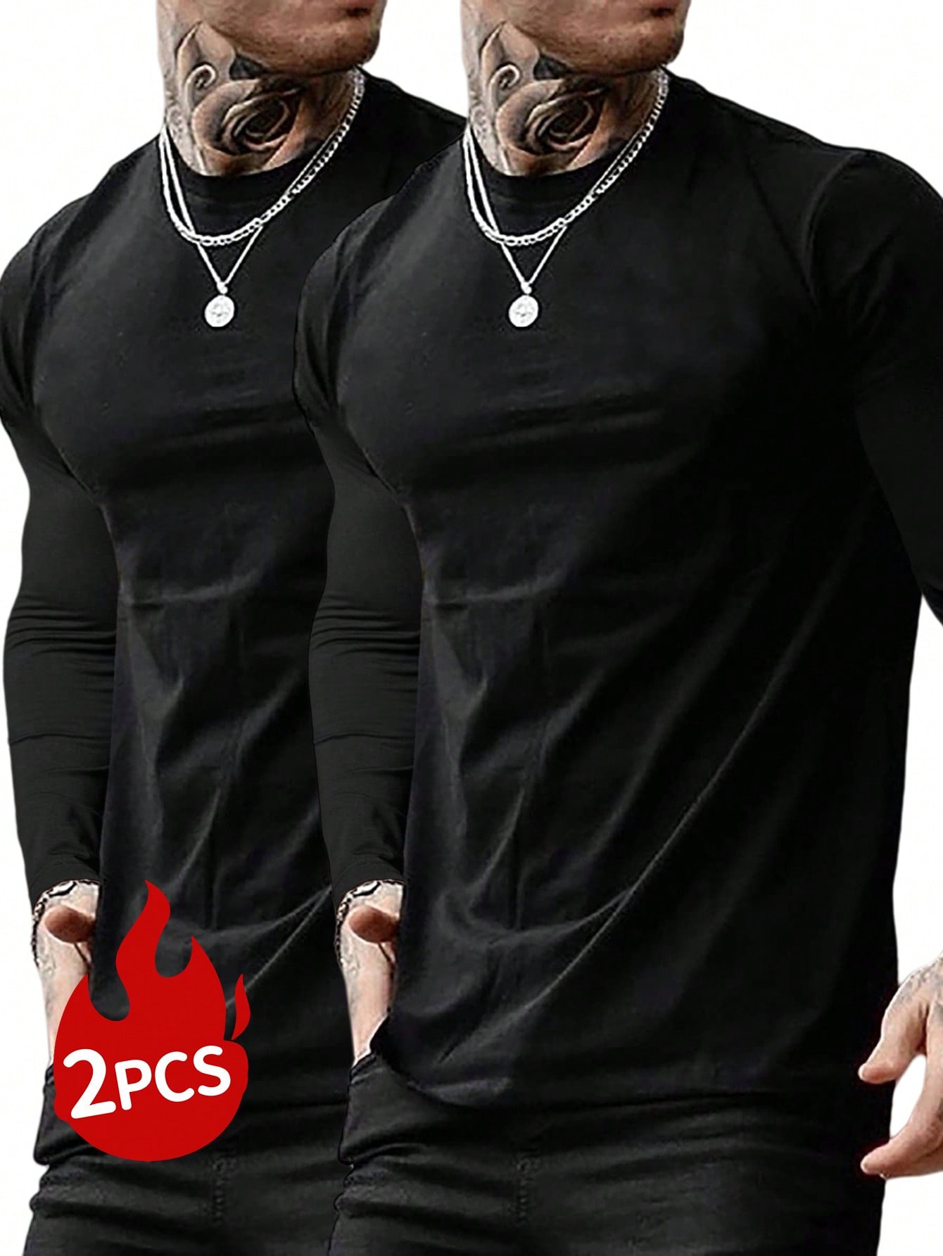 2pcs/Set Men's Solid Color Crew Neck Casual Long Sleeve T-Shirts
