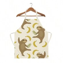 1pc Linen Apron With Banana, Sloth Pattern, Creative Funny And Fashionable Print For Home Cleaning, Waterproof, Oil-Proof, Easy To Clean, Suitable For Kitchen Cooking, Baking, Work Wear