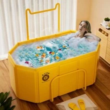 Home-Use Adult Foldable Bathtub With Thickened Design For Enhanced Bathing Comfort; No Installation Required; Portable And Easy To Store; Suitable For Ice Baths And Regular Bathing; Comes With A Complimentary Towel Rack; Ideal As A Gift. Bathroom Decor Summer Bathroom Accessories Back To School