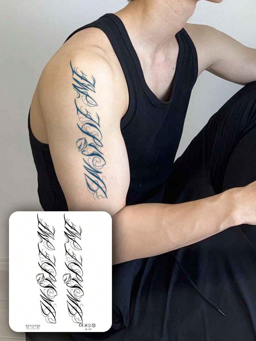 1pc Men's Herbal Temporary Tattoo, Extra Large Gothic Letter Design, Suitable For Arms, Waterproof And Sweat-Proof, Lasts Up To 14 Days - Black - View 1