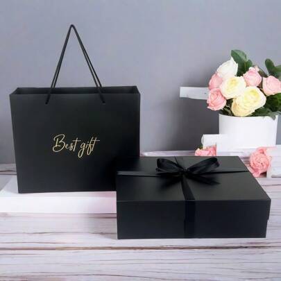 1 套优雅黑色磁性礼品盒，配有丝带和手提袋 - 大尺寸，适合活动、派对、新年、婚礼、生日 | 非常适合糖果、化妆品等情人节