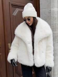 Áo khoác lông giả HH dành cho nữ, kiểu dáng thanh lịch, cổ ve lật, tay dài, phong cách thường ngày, dáng rộng, thích hợp cho mùa đông, kiểu dáng oversized, thời trang đường phố, màu trắng. - trắng - Xem 5