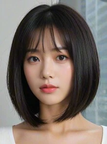 Black Short Bob Synthetic Wig Natural Black With Bangs Synthetic Bob Wigs For Women