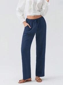 Women Loose Linen Pants Solid Color Drawstring High Waist Trousers With Pockets For Spring Summer - Navy Blue - View 7