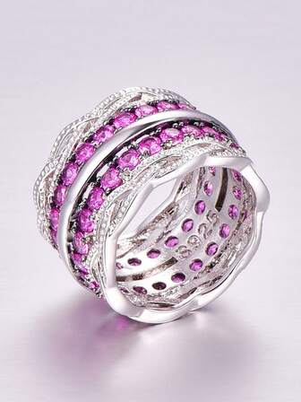 1 pieza Anillo de banda ancha de mujer de lujo y elegante de plata esterlina S925 con circonita cúbica sintética redonda, adecuado como regalo sorpresa para familiares, amigos y pareja en ocasiones como Año Nuevo, Navidad, San Valentín, Ramadán, viene con caja de regalo