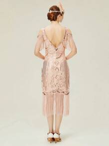 BABEYOND Womens 1920s Flapper Dress Vintage Long Fringe Dress Roaring 20s Sequins Beaded Dress - 玫瑰金 - 查看 2