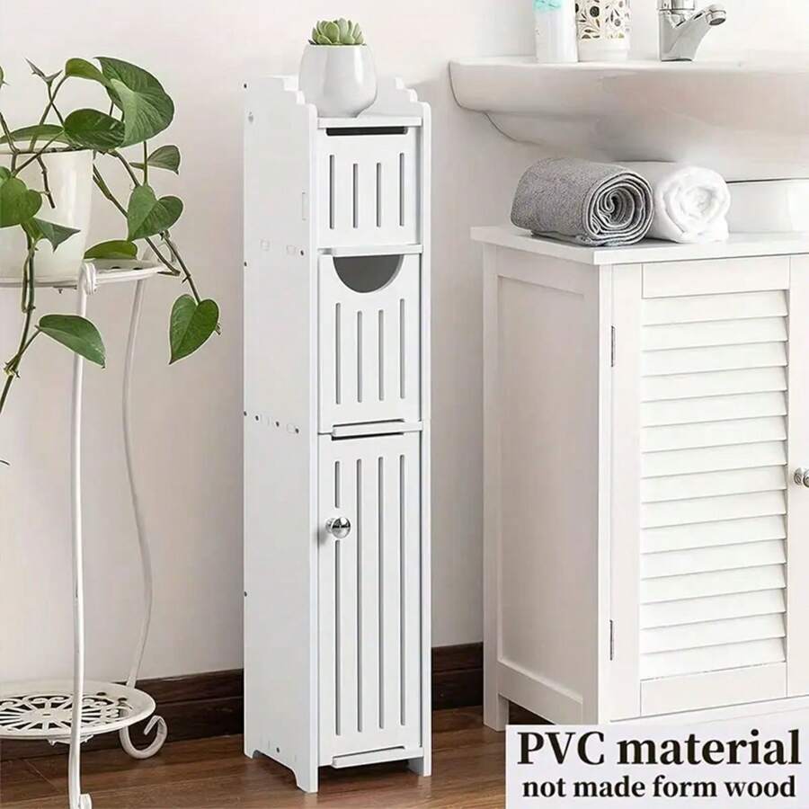 Space-Saving Plastic Bathroom Organizer - Compact Floor Locker With Toilet Paper Holder For Tight Spaces(The Door Handle Is Random) - Multicolor - View 1