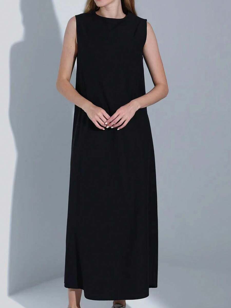 Casual Minimalist Sleeveless Crew Neck Black Bodycon Midi Dress - Black - View 1