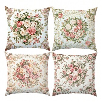 4件套复古粉白玫瑰花卉抱枕套，单面印花桃绒面料，尺寸45*45/40*40/50*50厘米，适用于现代简约沙发客厅装饰，亦可作为礼物或派对装饰。