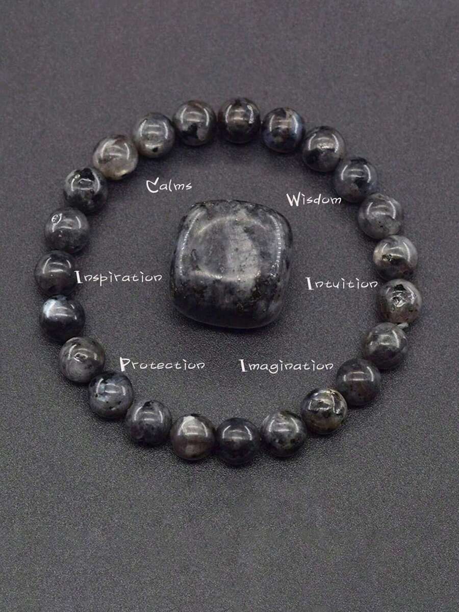 天然拉布拉多石珠子手鍊男女黑色閃光手鍊緩解壓力瑜珈首飾禮物 - 黑色 - 查看 1