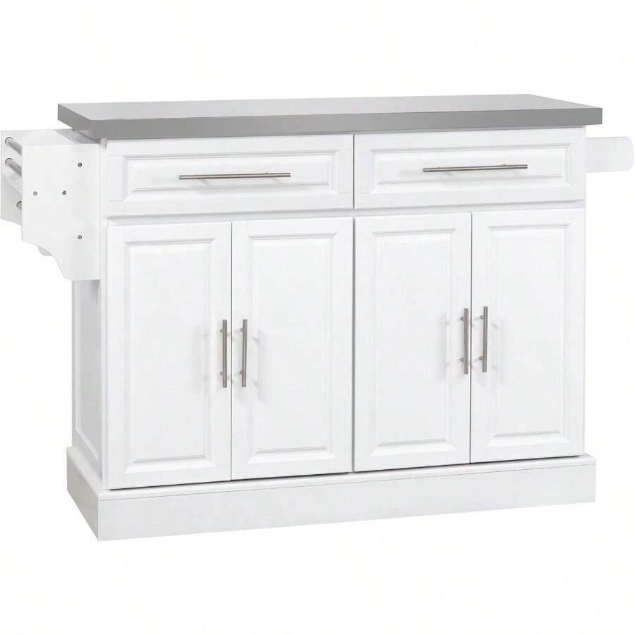 Rolling Kitchen Island With Storage, Portable Kitchen Cart With Stainless Steel Top, 2 Drawers, Spice, Knife And Towel Rack And Cabinets, White