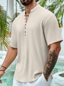 Men's Short Sleeve Henley Shirt, Summer V-Neck Linen Breathable Solid Color Mature Retro Style, Suitable For Casual, Vacation And Daily Wear - Khaki - View 6
