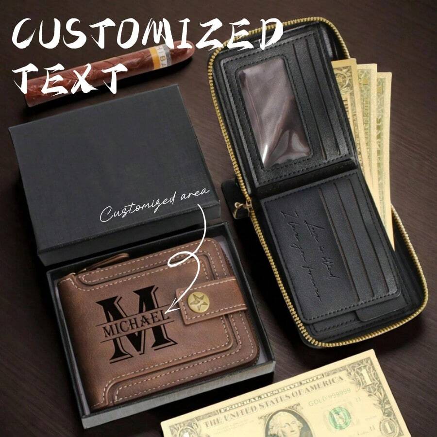 Personalized Men's Wallet With Gift Box,Engraved Leather Wallet,Custom Zipper Wallet For Men,Anniversary Gift For Him,Gift For Men Valentines,Portable,Versatile,Lightweight,Functional,Practical,All-Purpose,Colorful,Adorable,Funny,Kawaii,Vacay Vibes/Vacation,Minimalist,Unisex,Leisure,Commuting,Custom,Personalized,Unique,Customized,Boyfriend,Girlfriend,Family,Women, Rookies & White-Collar Workers,Friends