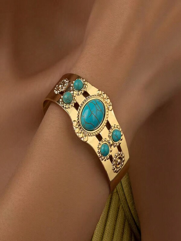 1pc Bohemian Style Metal Bracelet, Inlaid Turquoise Gold/Silver Color, Everyday And Party Accessory, Gift For Women