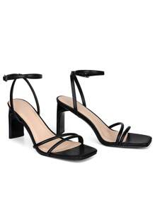 Womens New Stylish Heels Slingback Heeled Sandals Ankle Strap Stiletto High Heel Open Square Toe Strappy Chunky Heels Wedding Party Dressy Casual Work Daily Wear Bridal Pumps Shoes Fashionable Gifts Spring Summer Sandal - 黑色 - 查看 3
