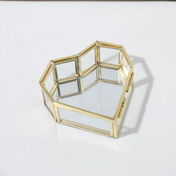 1pc Heart-Shaped Glass Jewelry Box, Copper Trim Metal Frame Transparent Jewelry Display