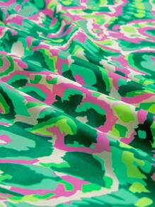 CILKOO Daily Casual Abstract Print Ruffled Trim Tied Split Neck Tank Top