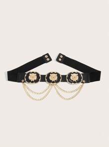 1pc Women Elastic Tiger Head Buckle Gold Color Waist Chain Summer, School Fall, Autumn, Halloween - Gold Tiger Head Round Buckle - View 4