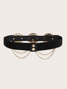 1pc Women Elastic Tiger Head Buckle Gold Color Waist Chain Summer, School Fall, Autumn, Halloween - Gold Tiger Head Round Buckle - View 3
