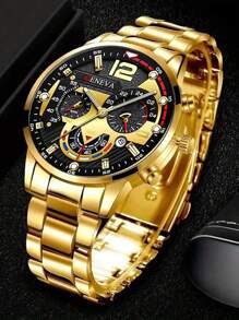 1 set comprenant une montre d'homme décontractée avec bracelet métallique et calendrier, un collier avec lettre J, un bracelet et une bague décorée d'une croix