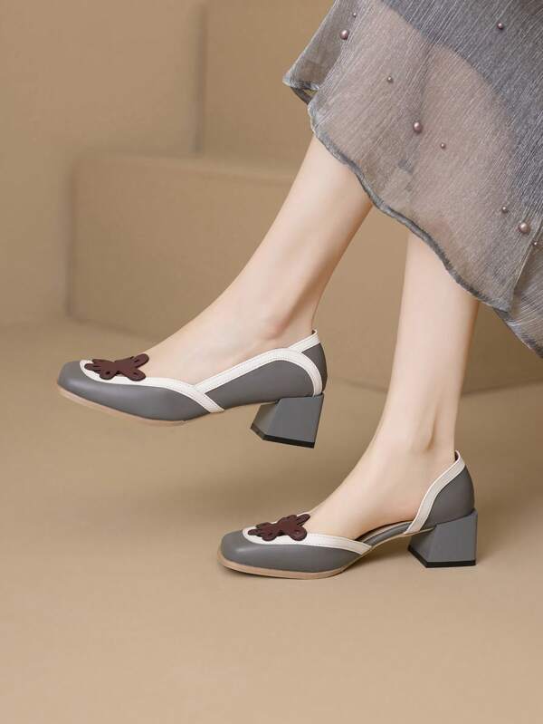 Spring/Summer New Floral Square Toe High Heel Pumps Women, Color Block Thick Heel Ladies Shoes
