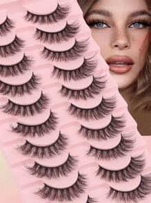 10 pares de pestañas postizas de tira completa, estilo europeo y americano, con diseño volumizado, súper denso, esponjoso y de aspecto natural 3D con puntas en punta, con raíces negras extremadamente finas y bien definidas, ligeras y suaves, un elemento esencial de maquillaje sin problemas reutilizable para uso diario