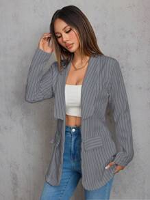 Women's Elegant Lapel Striped Casual Jacket - 灰色 - 查看 6
